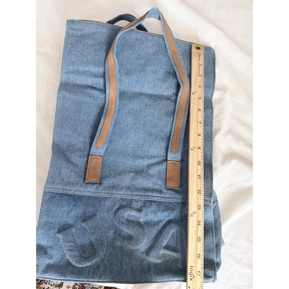 USA Denim Leather Trim Tote Blue Shoulder Bag Large Foldable Le Voar Purse - Picture 7 of 10
